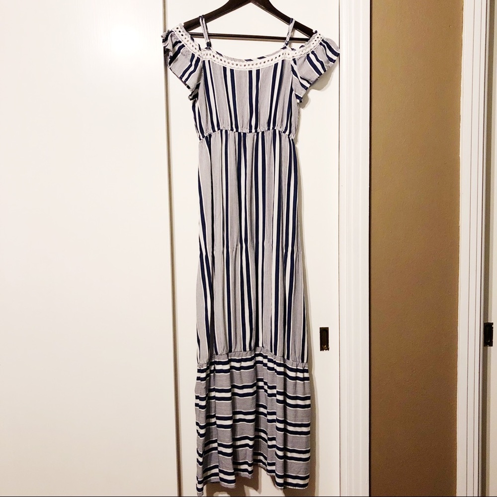 Navy + White Striped Off Shoulder Maxi Dress